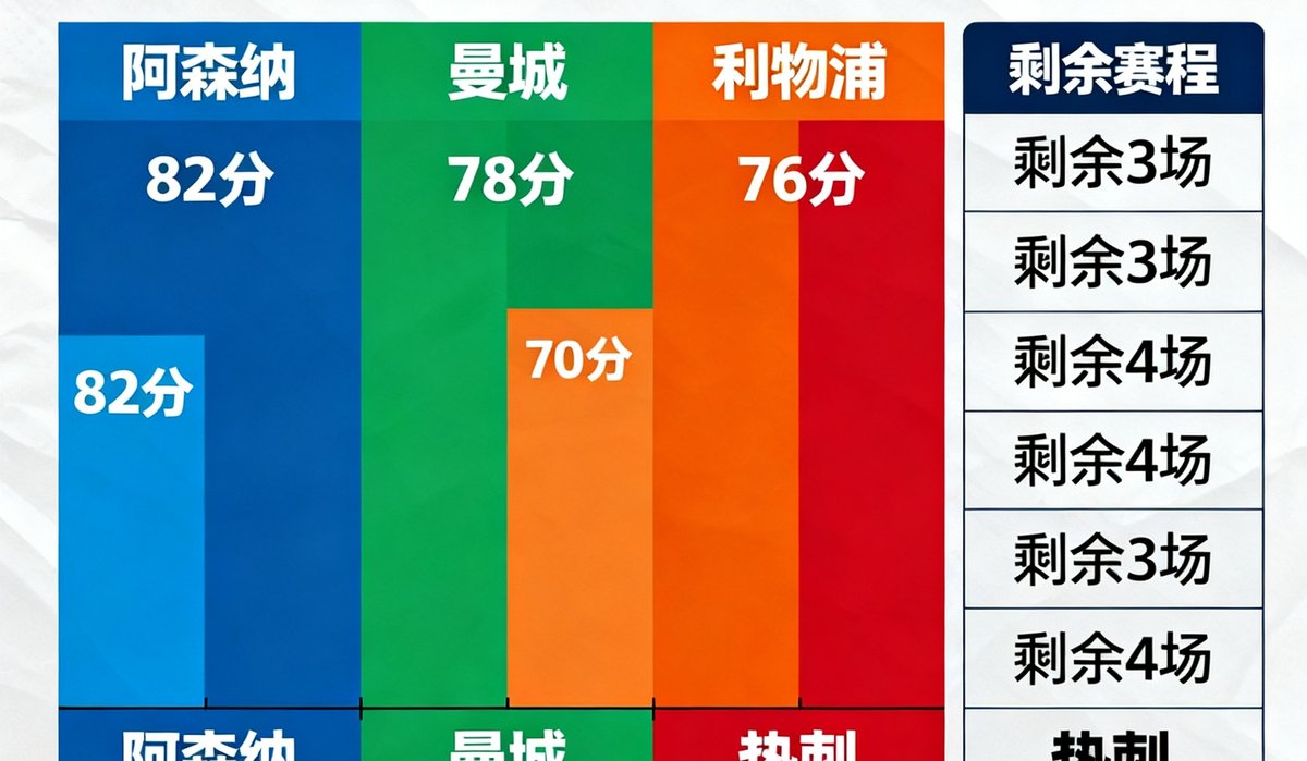 赛季积分榜分析配图，一张数据图表展示英超前四名球队的积分差距与剩余赛程对比。